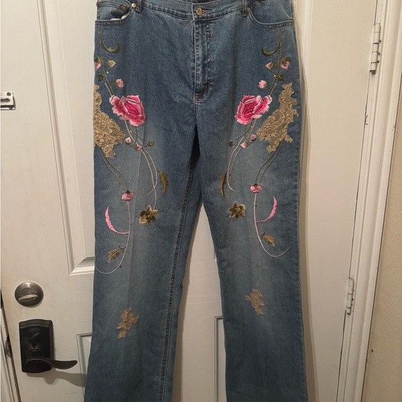 Lana Erica Denim - Embroidered Pink Floral Wide-Leg Denim Jeans